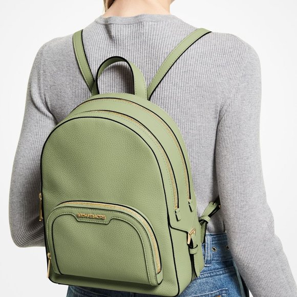 New Michael Kors Jaycee Medium Zip Pocket Backpack Leather Light Sage - Picture 2 of 4
